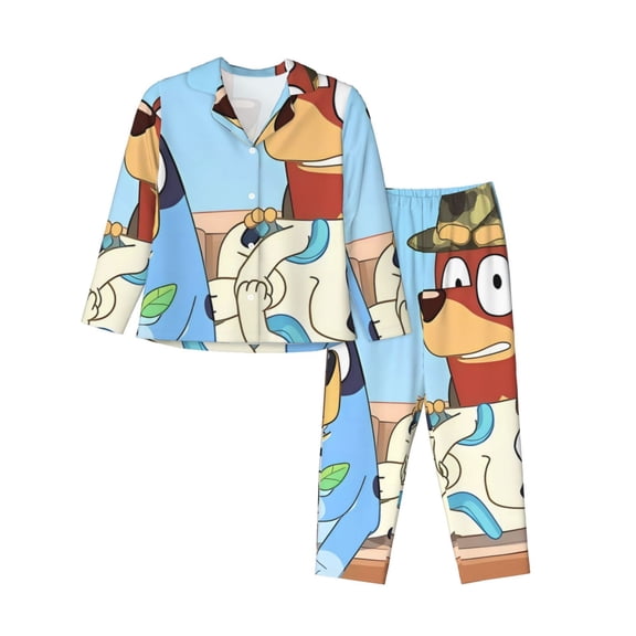 Saiise Bluey Print Women Soft Pajama Sets,Long Sleeve Sleepwear Button Up 2-Piece Pjs Lounge Sets-Large