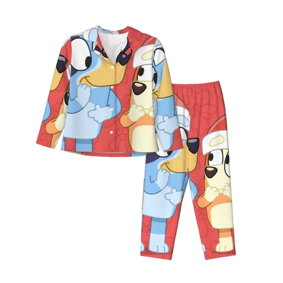 Saiise Bluey Print Women Soft Pajama Sets,Long Sleeve Sleepwear Button Up 2-Piece Pjs Lounge Sets-Medium