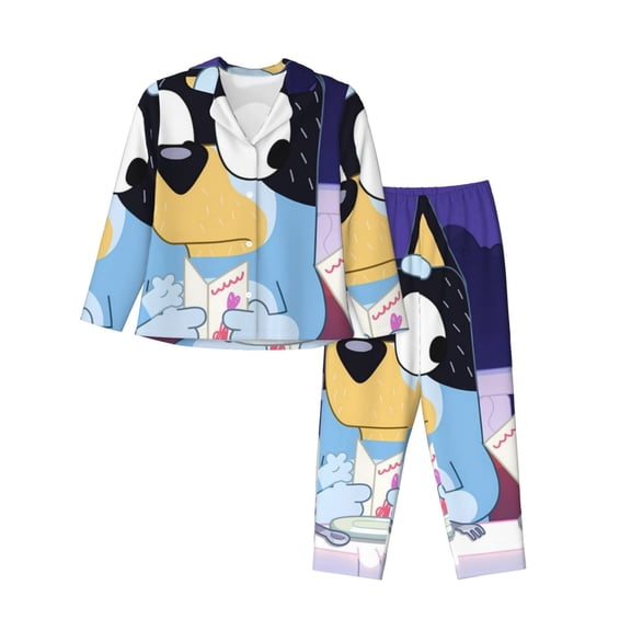 Saiise Bluey Print Women Soft Pajama Sets,Long Sleeve Sleepwear Button Up 2-Piece Pjs Lounge Sets-Medium