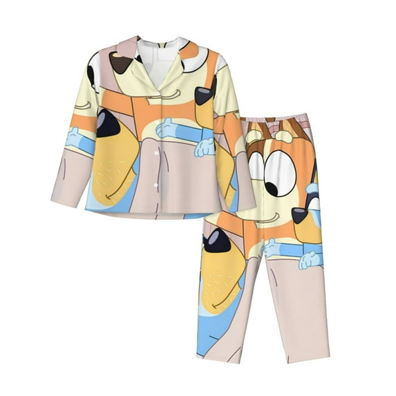 Saiise Bluey Print Women Soft Pajama Sets,Long Sleeve Sleepwear Button Up 2-Piece Pjs Lounge Sets-X-Large