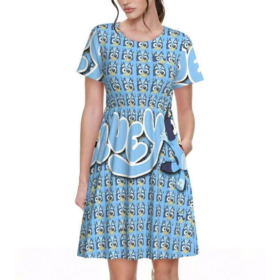 Saiise Bluey Print Women's Short Sleeve A-Line Dress with Pockets, Casual Knee-Length Crew Neck Dress for Summer