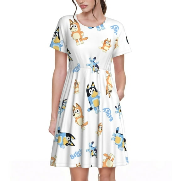 Saiise Bluey Print Women's Short Sleeve A-Line Dress with Pockets, Casual Knee-Length Crew Neck Dress for Summer