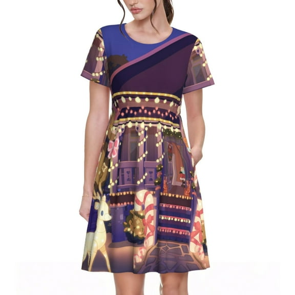 Saiise Bluey Print Women's Short Sleeve A-Line Dress with Pockets, Casual Knee-Length Crew Neck Dress for Summer