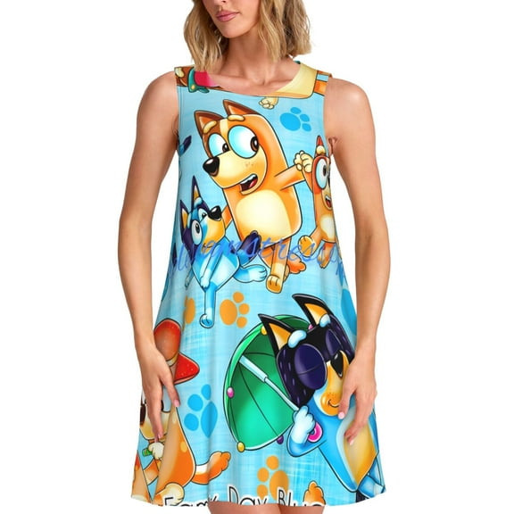 Saiise Bluey Print Women's Sleeveless Knee-Length Dress with Pockets Casual Summer Tank Dress