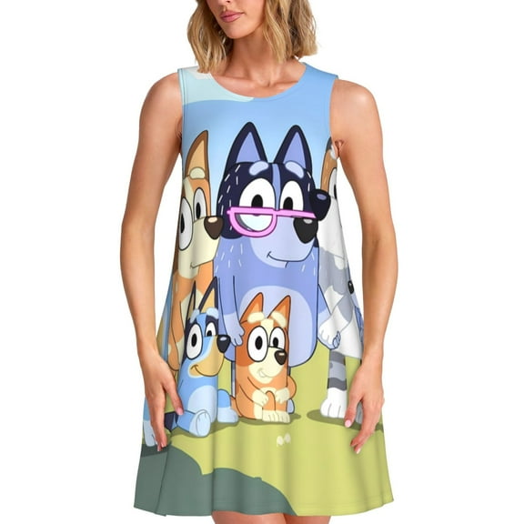 Saiise Bluey Print Women's Sleeveless Knee-Length Dress with Pockets Casual Summer Tank Dress