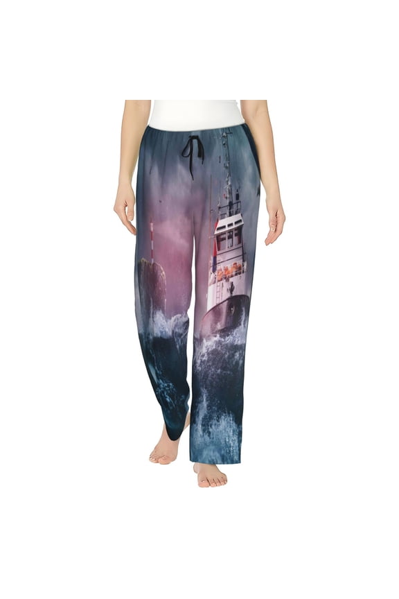 Boat Lighthouse Storm Waves Womens Pajama Pants Stretch Comfy Lounge Pants Drawstring Sleep Bottoms with Pockets-