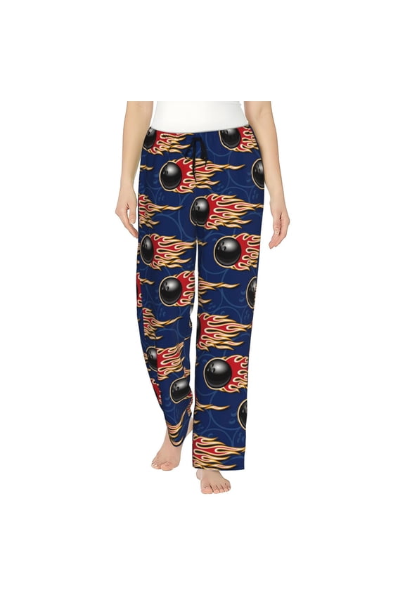 Bowling Ball And Flame Womens Pajama Pants Stretch Comfy Lounge Pants Drawstring Sleep Bottoms with Pockets-XX-Large
