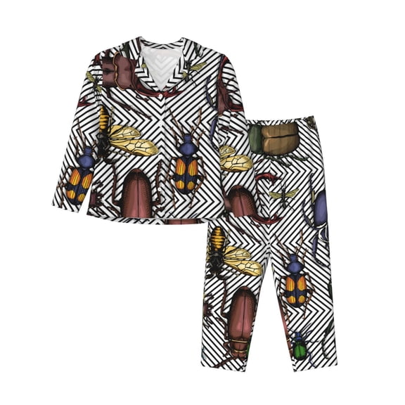 Saiise Bright Insects Print Women Soft Pajama Sets,Long Sleeve Sleepwear Button Up 2-Piece Pjs Lounge Sets-X-Large