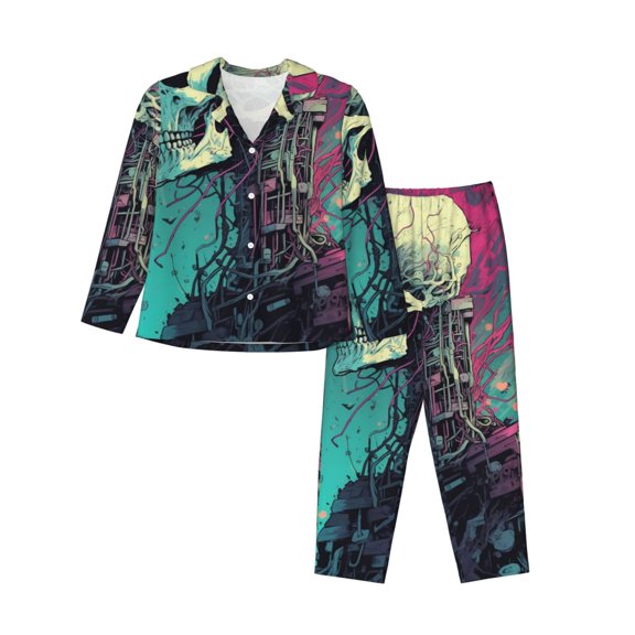 Saiise Cartoon Art Skull Print Women Soft Pajama Sets,Long Sleeve Sleepwear Button Up 2-Piece Pjs Lounge Sets-XX-Large