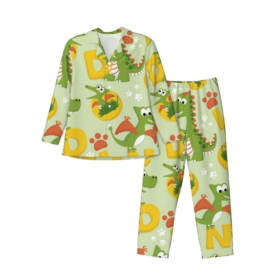Saiise Cartoon Dinosaurs Men's Sleepwear Set Lapel Neck Button Down Long Sleeve Top and Pants 2 Piece Pajama Set-Small