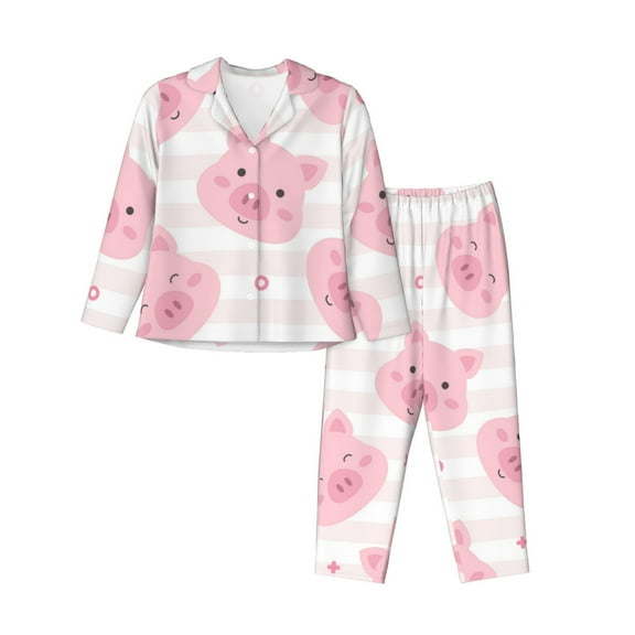 Saiise Cartoon Pig Print Women Soft Pajama Sets,Long Sleeve Sleepwear Button Up 2-Piece Pjs Lounge Sets-Medium