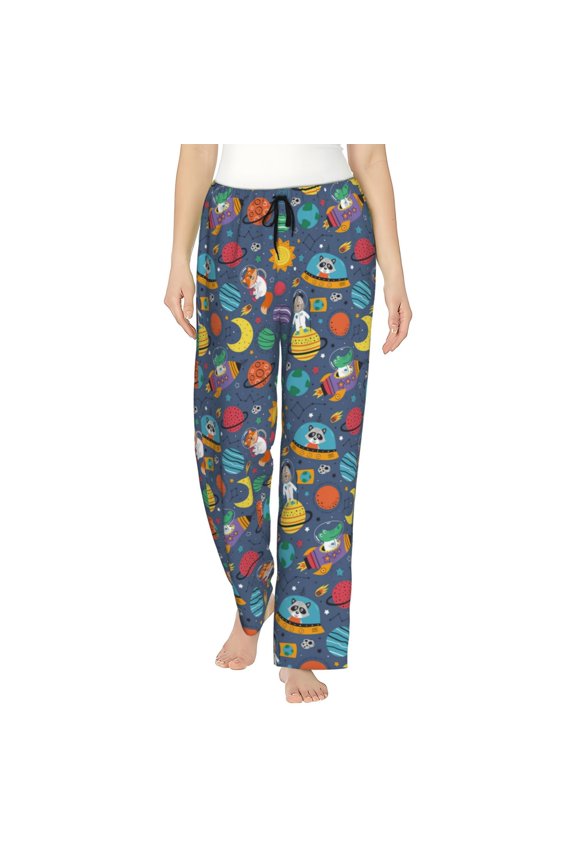 Cartoon Space Womens Pajama Pants Stretch Comfy Lounge Pants Drawstring Sleep Bottoms with Pockets-Large
