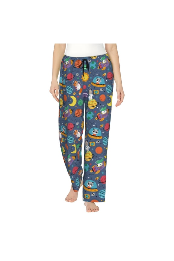 Cartoon Space Womens Pajama Pants Stretch Comfy Lounge Pants Drawstring Sleep Bottoms with Pockets-Medium