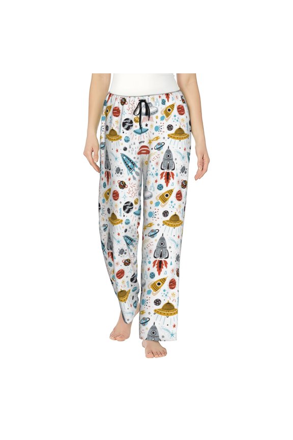 Cartoon Space Womens Pajama Pants Stretch Comfy Lounge Pants Drawstring Sleep Bottoms with Pockets-X-Large