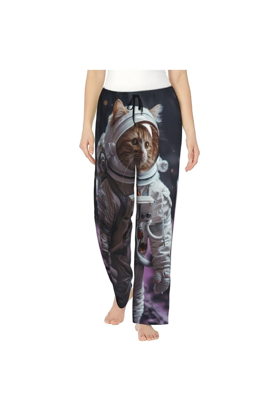 Cat Astronaut In Space Womens Pajama Pants Stretch Comfy Lounge Pants Drawstring Sleep Bottoms with Pockets-XX-Large