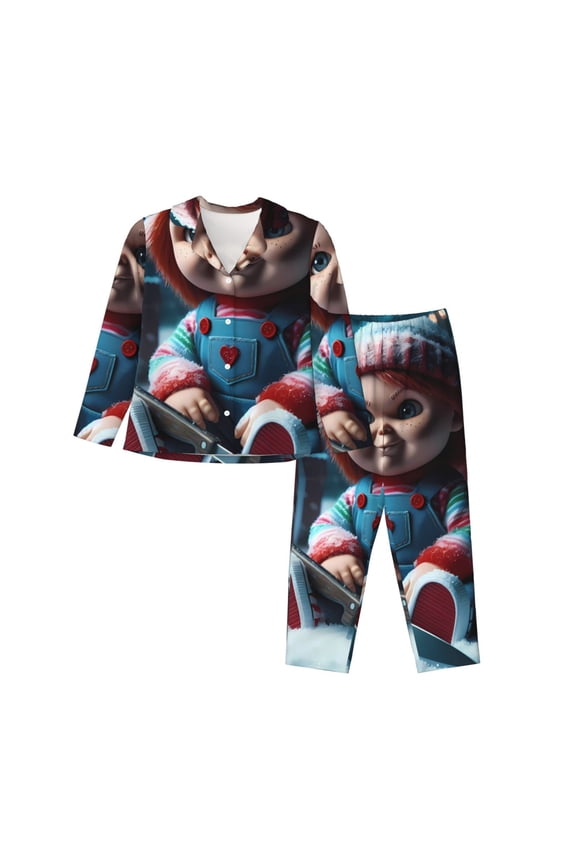 Chucky G Print Women Soft Pama Sets,Long Sleeve Sleepwear Button Up 2-Piece Pjs Lounge Sets-X-Large