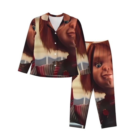 Saiise Chucky H Print Women Soft Pama Sets,Long Sleeve Sleepwear Button Up 2-Piece Pjs Lounge Sets-Large
