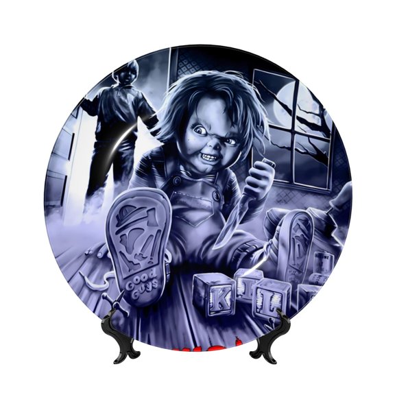 Saiise Chucky Print Bone China Decorative Plate Ceramic Decorative Plates with Display Stand Handmade Ceramic Wall Art Decor for Home Kitchen Bedroom Decorative-6in