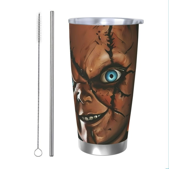 Saiise Chucky Print Tumbler 20 Oz Stainless Steel Vacuum Insulated with Straw Coffee Cup for Home,Office,Outdoor Works Great for Ice Drinks and Hot Beverage