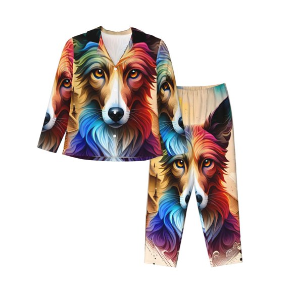 Saiise Colorful Art Dog Print Women Soft Pajama Sets,Long Sleeve Sleepwear Button Up 2-Piece Pjs Lounge Sets-X-Large