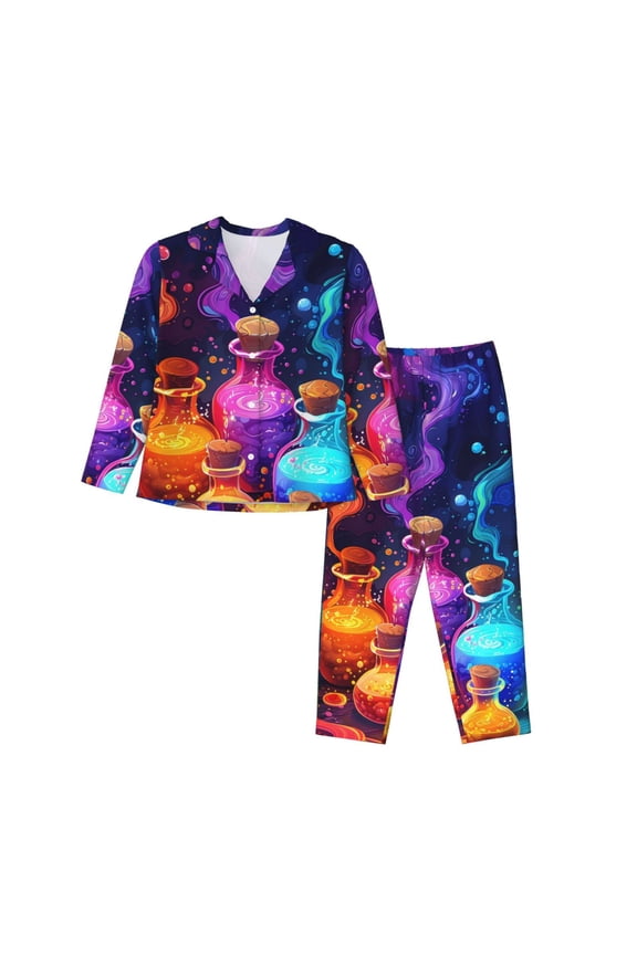 Colorful Potion Bottles Magic Print Women Soft Pajama Sets,Long Sleeve Sleepwear Button Up 2-Piece Pjs Lounge Sets-X-Large