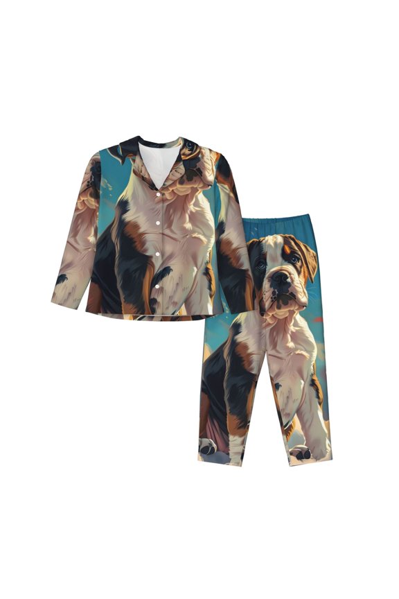 Colorful Sky Puppy Print Women Soft Pajama Sets,Long Sleeve Sleepwear Button Up 2-Piece Pjs Lounge Sets-XX-Large