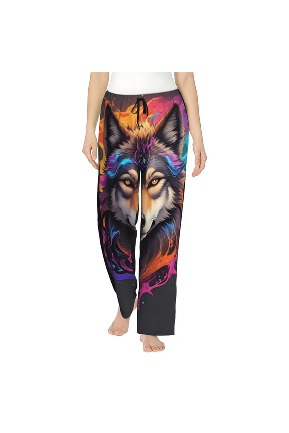 Colorful Wolf Head Womens Pajama Pants Stretch Comfy Lounge Pants Drawstring Sleep Bottoms with Pockets-X-Large