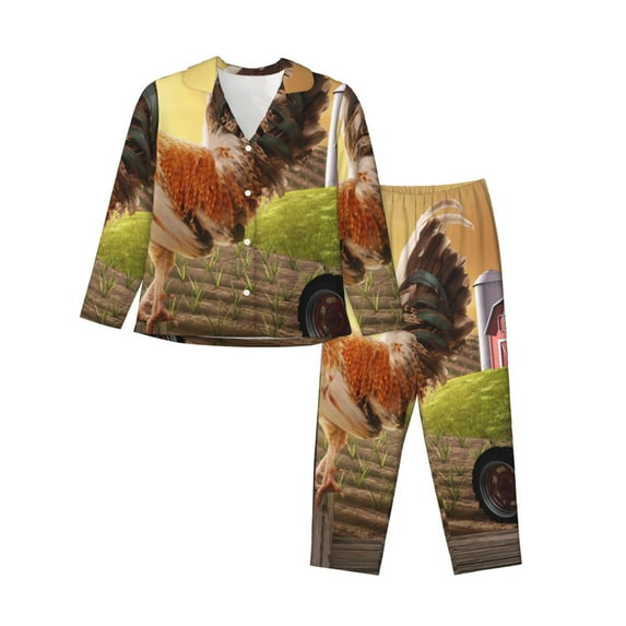 Saiise Country Farm Morning Rooster Print Women Soft Pajama Sets,Long Sleeve Sleepwear Button Up 2-Piece Pjs Lounge Sets-XX-Large