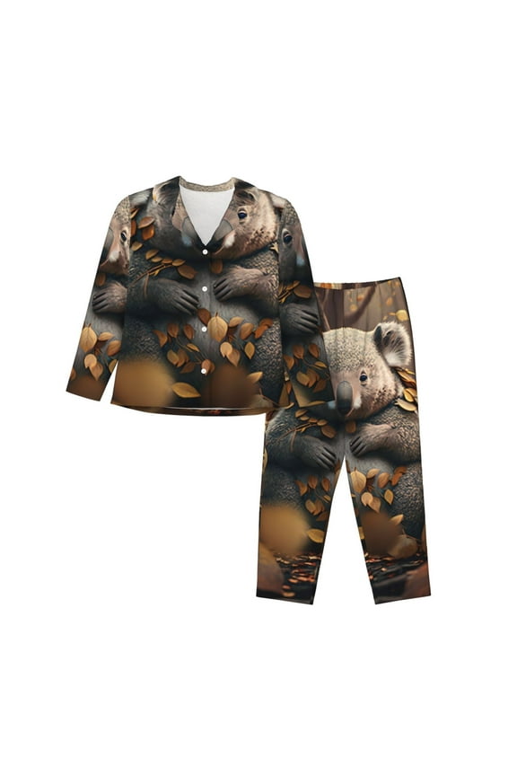 Cute Fallen Leaf Koala Print Women Soft Pajama Sets,Long Sleeve Sleepwear Button Up 2-Piece Pjs Lounge Sets-XX-Large