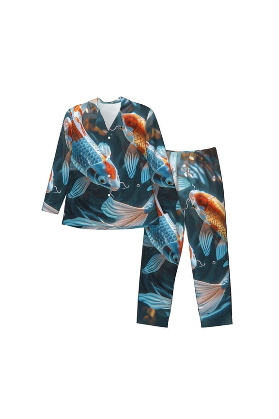 Cute Koi Fish Serenity Men's Sleepwear Set Lapel Neck Button Down Long Sleeve Top and Pants 2 Piece Pajama Set-X-Large