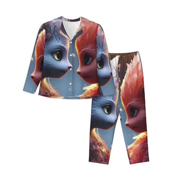 Saiise Cute Red And White Elf Print Women Soft Pajama Sets,Long Sleeve Sleepwear Button Up 2-Piece Pjs Lounge Sets-Small