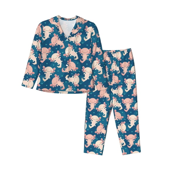 Saiise Cute Salamander Print Women Soft Pajama Sets,Long Sleeve Sleepwear Button Up 2-Piece Pjs Lounge Sets-Small