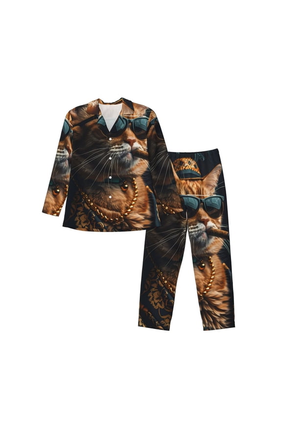 Dapper Cat in Sunglasses Men's Sleepwear Set Lapel Neck Button Down Long Sleeve Top and Pants 2 Piece Pajama Set-