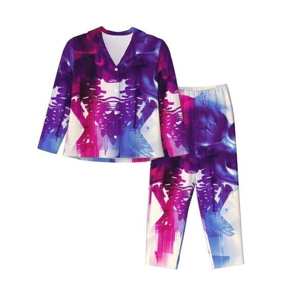 Saiise Dual Skulls Colorful Fusion Print Women Soft Pajama Sets,Long Sleeve Sleepwear Button Up 2-Piece Pjs Lounge Sets-X-Large