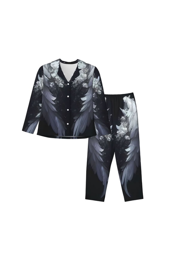 Elegant Feathered Floral Wings Print Women Soft Pajama Sets,Long Sleeve Sleepwear Button Up 2-Piece Pjs Lounge Sets-Medium