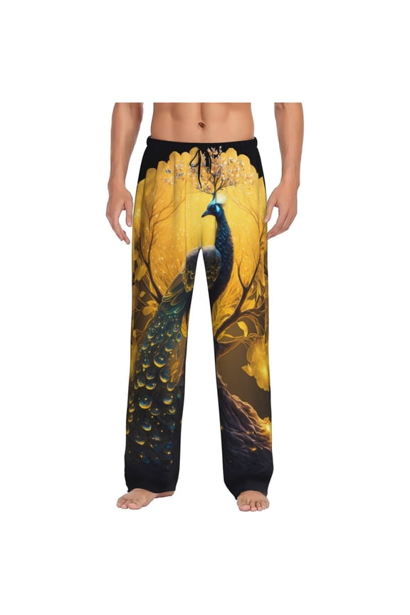 Elegant Gold Leaf Peacock Print Mens Pajama Pants for Men,Mens Lounge Pants,Funny Gifts for Men,Men's Pajama Bottoms-XX-Large
