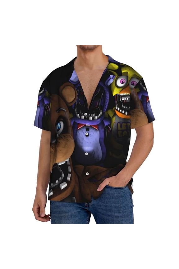 Five Nights At Freddy'S Mens Front Pocket Hawaiian Shirts Casual Floral Shirts Short Sleeve Button Down Beach Tropical Shirts