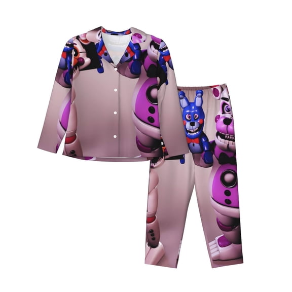 Saiise Five Nights At Freddy'S Print Women Soft Pajama Sets,Long Sleeve Sleepwear Button Up 2-Piece Pjs Lounge Sets-Large