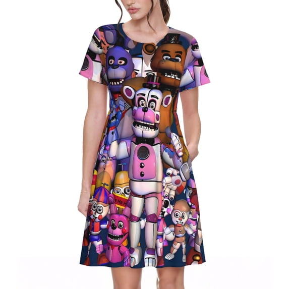 Saiise Five Nights At Freddy'S Print Women's Short Sleeve A-Line Dress with Pockets, Casual Knee-Length Crew Neck Dress for Summer