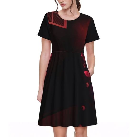 Saiise Five Nights At Freddy'S Print Women's Short Sleeve A-Line Dress with Pockets, Casual Knee-Length Crew Neck Dress for Summer