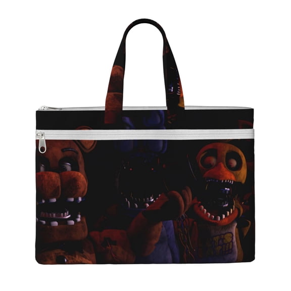 Saiise Five Nights At Freddy'S Print Zipper Document File Bag Pouch with Handle Waterproof Double Pocket Canvas File Storage Bag for Project Office School Foldable File Document Handbag Carrying Bag