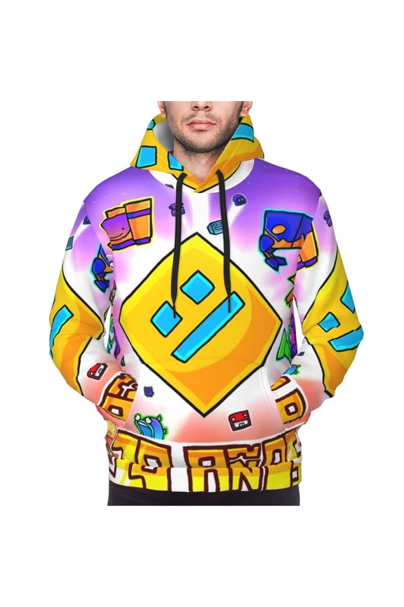 Geometry Dash Men's Graphic Print Long Sleeve Drawstring Hoodie Pullover Sweatshirt-3X-Large