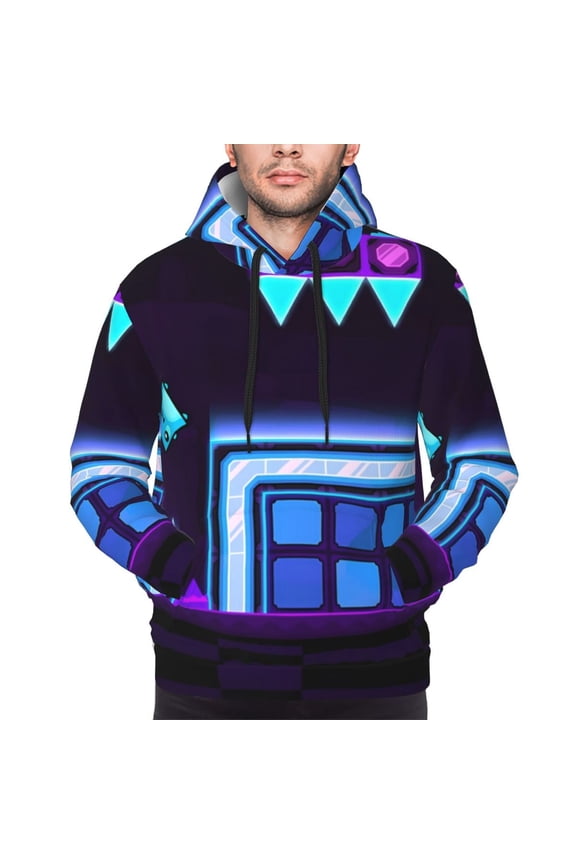 Geometry Dash Men's Graphic Print Long Sleeve Drawstring Hoodie Pullover Sweatshirt-3X-Large