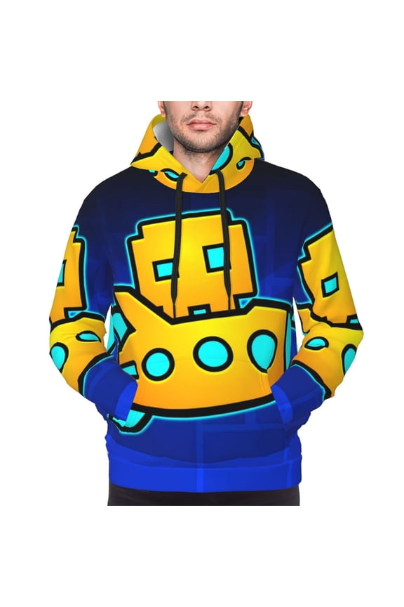 Geometry Dash Men's Graphic Print Long Sleeve Drawstring Hoodie Pullover Sweatshirt-4X-Large