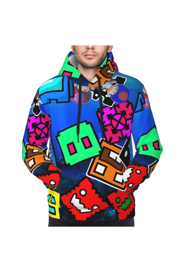 Geometry Dash Men's Graphic Print Long Sleeve Drawstring Hoodie Pullover Sweatshirt-4X-Large