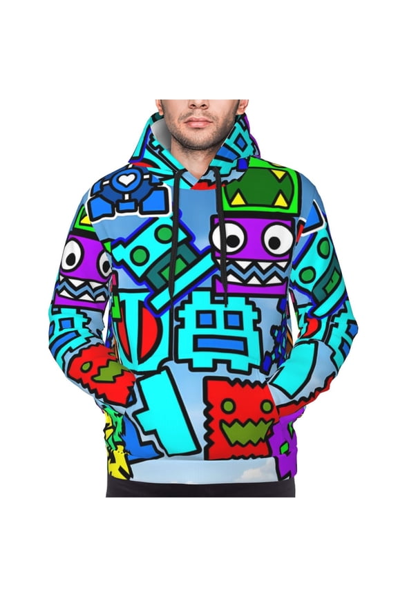 Geometry Dash Men's Graphic Print Long Sleeve Drawstring Hoodie Pullover Sweatshirt-4X-Large