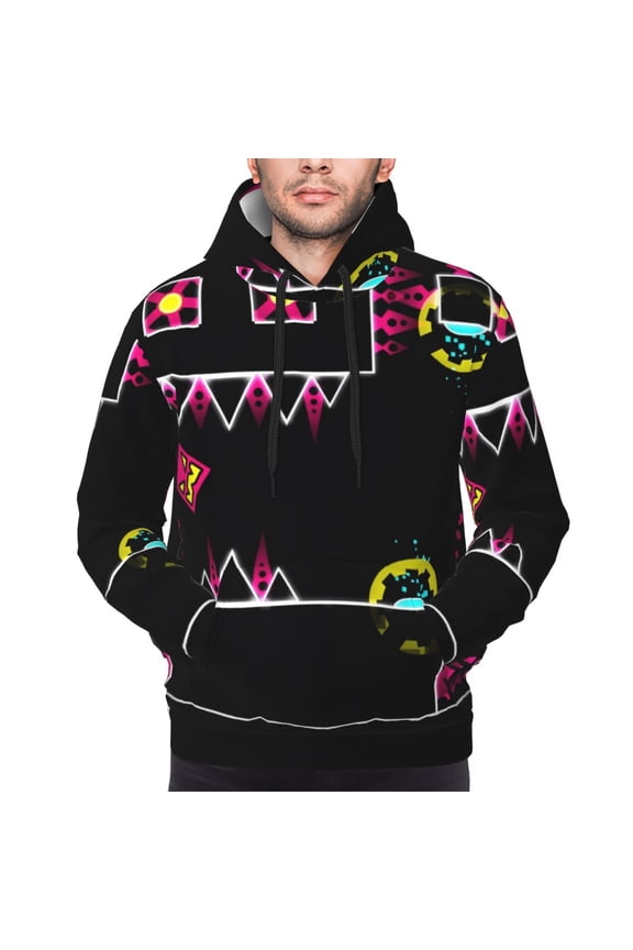 Geometry Dash Men's Graphic Print Long Sleeve Drawstring Hoodie Pullover Sweatshirt-4X-Large