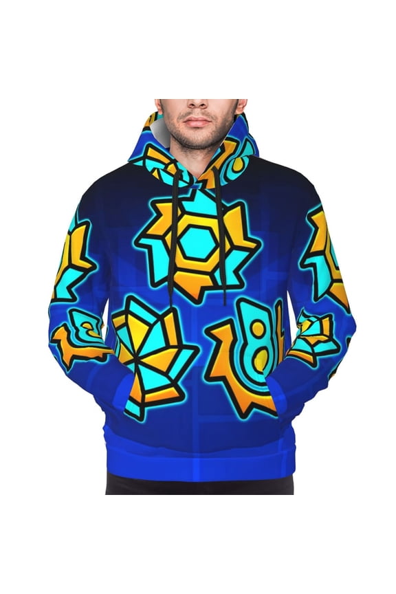 Geometry Dash Men's Graphic Print Long Sleeve Drawstring Hoodie Pullover Sweatshirt-Medium