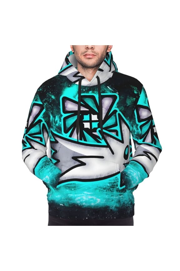 Geometry Dash Men's Graphic Print Long Sleeve Drawstring Hoodie Pullover Sweatshirt-Medium