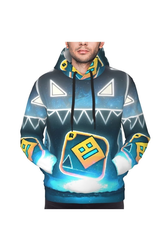 Geometry Dash Men's Graphic Print Long Sleeve Drawstring Hoodie Pullover Sweatshirt-Medium